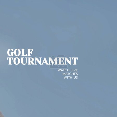 Foto de Square image of golf tournament on blue background. Golf, sport, competition, rivalry and recreation concept. - Imagen libre de derechos