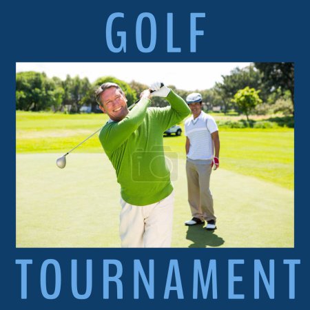 Foto de Square image of golf tournament with happy caucasian male players and navy frame. Golf, sport, competition, rivalry and recreation concept. - Imagen libre de derechos