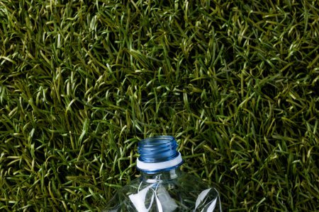 Foto de Primer plano de la botella de plástico sobre el fondo de hierba con espacio de copia. Concepto de ecología y reciclaje global. - Imagen libre de derechos