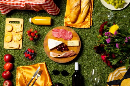 Foto de Picnic basket with vichy cloth and diverse food lying on green grass. Picnic, food, eating outside, relaxing in nature concept. - Imagen libre de derechos