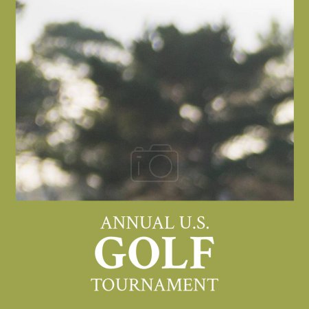 Foto de Square image of annual us golf tournament over blurred background with green frame. Golf, sport, competition and rivalry concept. - Imagen libre de derechos