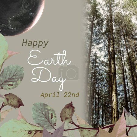 Téléchargez les photos : Composite of trees growing in forest and globe with dry leaves and happy earth day, april 22nd text. Copy space, nature, awareness, support, protection and environmental conservation concept. - en image libre de droit