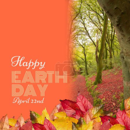 Téléchargez les photos : Composite of happy earth day and april 22nd text with trees growing in forest and autumn leaves. Copy space, season, nature, awareness, support, protection and environmental conservation concept. - en image libre de droit