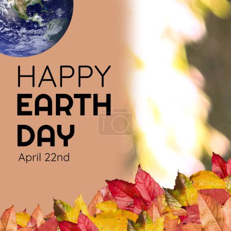 Téléchargez les photos : Illustration of globe and autumn leaves with happy earth day and april 22nd text, copy space. Season, nature, awareness, support, protection and environmental conservation concept. - en image libre de droit