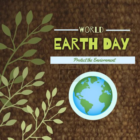 Foto de Illustration of globe and plants with world earth day and protect the environment text. Copy space, abstract, nature, awareness, support and environmental conservation concept. - Imagen libre de derechos