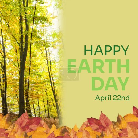Téléchargez les photos : Composite of happy earth day and april 22nd text with autumn leaves and lush trees in forest. Copy space, season, nature, awareness, support, protection and environmental conservation concept. - en image libre de droit