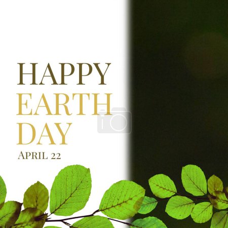 Téléchargez les photos : Illustration of leaves with happy earth day and april 22 text over white and black background. Copy space, nature, awareness, support, protection and environmental conservation concept. - en image libre de droit