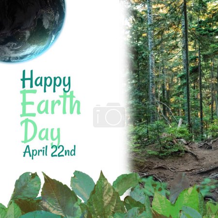 Foto de Composite of green leaves and globe with happy earth day and april 22nd text over trees in woodland. Copy space, nature, awareness, support, protection and environmental conservation concept. - Imagen libre de derechos