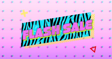 Téléchargez les photos : Image of the words Flash Sale in pink letters on a turquoise and black zebra striped banner with moving graphic and shapes on a pink background with dots - en image libre de droit