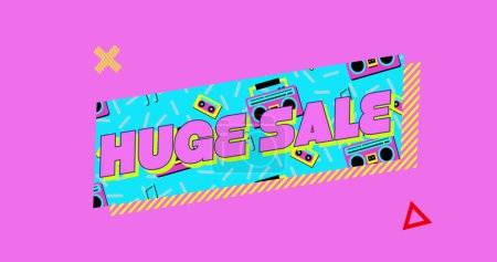 Photo for Image of the words Huge Sale in pink letters on a turquoise banner with moving graphic and shapes on a pink background - Royalty Free Image
