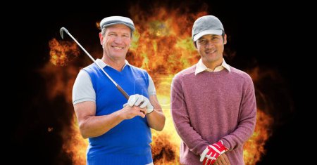 Photo for Portrait of diverse senior male golf player smiling against fire flame effect on black background. retirement sports and active senior lifestyle concept - Royalty Free Image