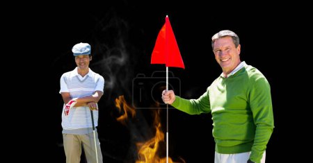 Photo for Portrait of diverse senior male golf player smiling against fire flame effect on black background. retirement sports and active senior lifestyle concept - Royalty Free Image