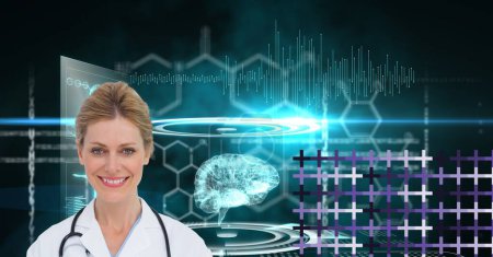 Photo for Portrait of caucasian female doctor smiling over human brain and data processing on black background. medical research and science technology concept - Royalty Free Image
