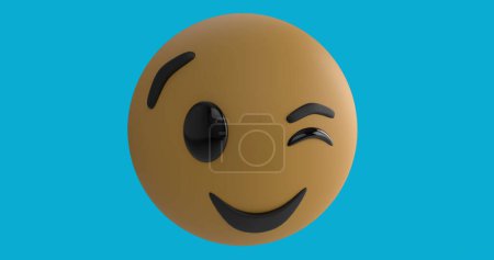 Foto de Imagen digital de emoji de cara parpadeante sobre fondo azul. concepto de redes sociales y tecnología - Imagen libre de derechos