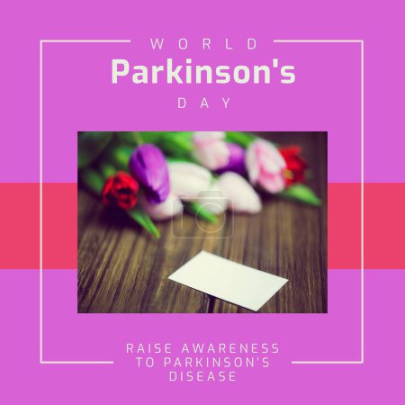 Photo for Note and flowers on table, world parkinson's day and raise awareness to parkinson's disease text. Copy space, composite, nature, nervous system, campaign, healthcare, support and prevention. - Royalty Free Image