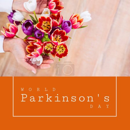 Photo for Composite of hands holding colorful flowers and world parkinson's day text over orange background. Copy space, nature, awareness, nervous system, campaign, healthcare, support and prevention concept. - Royalty Free Image