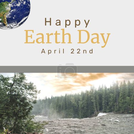 Téléchargez les photos : Composite de globe avec heureux jour de la terre et le 22 avril texte sur la rivière au milieu des pins dans la forêt. Copier l'espace, la nature, la sensibilisation, le soutien, la protection et la conservation de l'environnement concept. - en image libre de droit