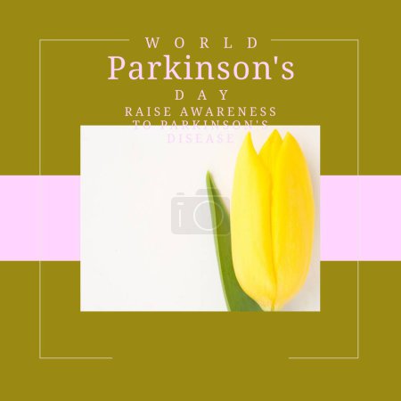 Téléchargez les photos : Composite de fleurs jaunes et journée mondiale de la maladie de Parkinson et sensibiliser au texte de la maladie de Parkinson. Copier espace, nature, vert, système nerveux, campagne, soins de santé, concept de soutien et de prévention. - en image libre de droit