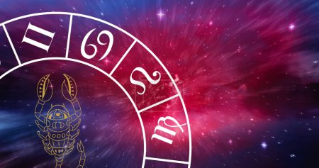 Photo for Composition of zodiac wheel with scorpio star sign over stars. Astrology, horoscope and zodiac signs concept digitally generated image. - Royalty Free Image