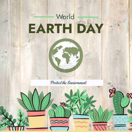 Photo for Illustration of globe and potted plants with world earth day and protect the environment text. Copy space, gardening, growth, nature, awareness, support and environmental conservation concept. - Royalty Free Image