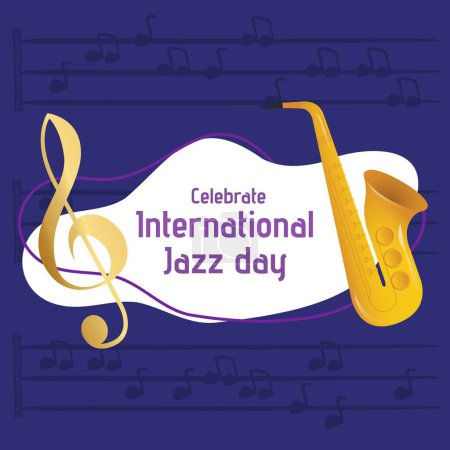 Foto de Ilustración de celebrar el día internacional del jazz texto, notas musicales, saxofón sobre fondo azul. Música, unión, celebración, vector, comunidad, arte y cultura concepto. - Imagen libre de derechos