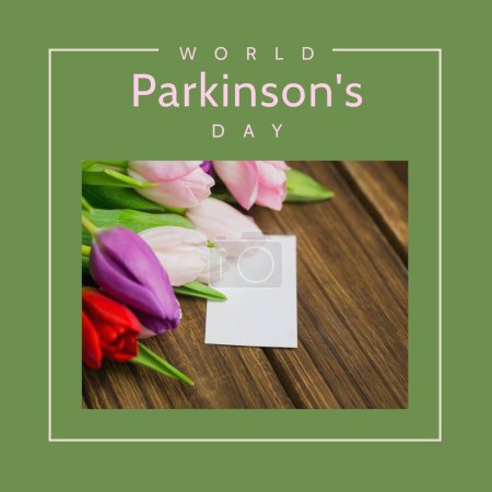 Photo for Composite of blank note and tulips on table with world parkinson's day text over green background. Copy space, nature, awareness, nervous system, campaign, healthcare, support and prevention. - Royalty Free Image