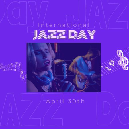 Téléchargez les photos : Composite de la journée internationale du jazz et du 30 avril, femme caucasienne chantant et homme jouant de la guitare. Copier l'espace, la musique, la convivialité, la célébration, la performance, la communauté, les arts et la culture concept. - en image libre de droit