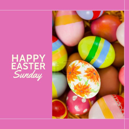 Photo for Composite of colorful easter eggs and happy easter sunday text over pink background, copy space. Sweet food, christianity, celebration, cultures and holiday concept. - Royalty Free Image
