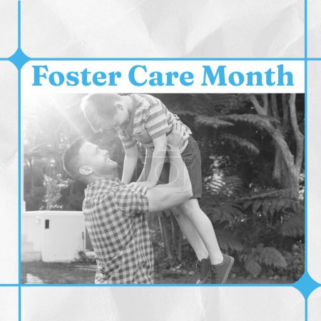 Photo for Composite of foster care month text over caucasian man picking up boy in park. Love, care, playing, childhood, together, gratitude and celebration concept. - Royalty Free Image