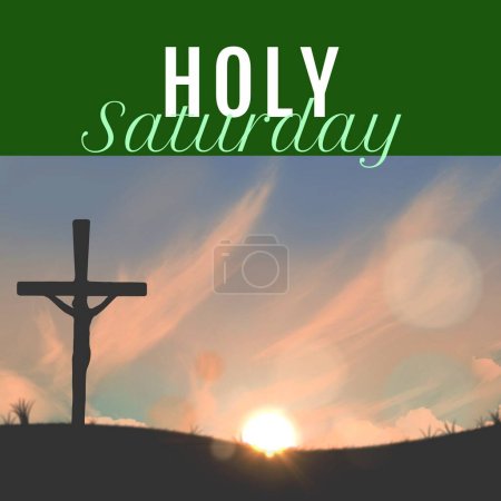 Photo for Composite of holy saturday text and silhouette crucifix on land against sky with setting sun. Copy space, nature, christianity, ends of lenten season, tradition and commemoration concept. - Royalty Free Image