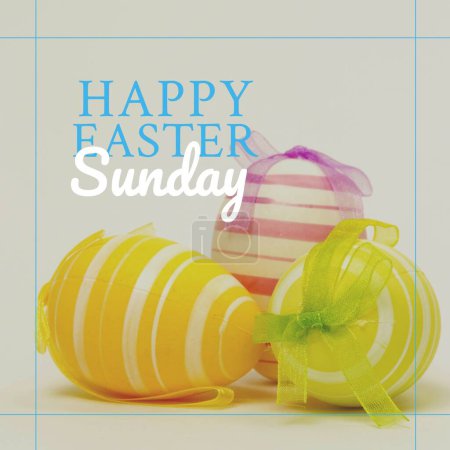 Photo for Illustration of happy easter sunday text with blue borders on gray background, copy space. Christianity, celebration, cultures and holiday concept. - Royalty Free Image