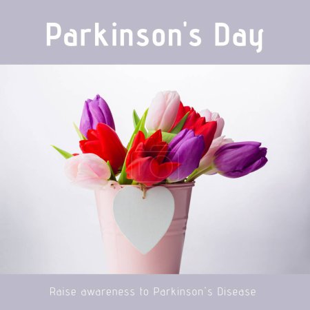 Téléchargez les photos : Composite de tulipes en vase avec la journée de la maladie de Parkinson et sensibiliser au texte de la maladie de Parkinson. Copier l'espace, cœur, nature, système nerveux, campagne, soins de santé, concept de soutien et de prévention. - en image libre de droit