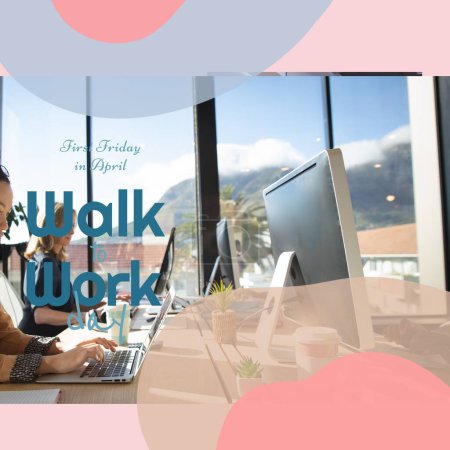 Photo for Composite of first friday in april, walk to work day text and caucasian women working over laptops. Copy space, technology, office, business, fitness, support, encourage, healthy, active lifestyle. - Royalty Free Image