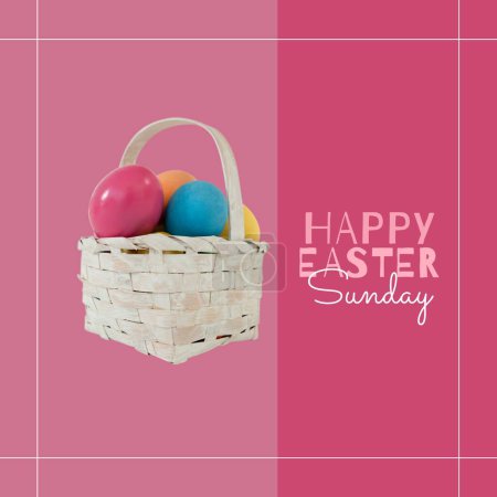 Photo for Composite of colorful easter eggs in basket and happy easter sunday text over pink background. Copy space, sweet food, christianity, celebration, cultures and holiday concept. - Royalty Free Image