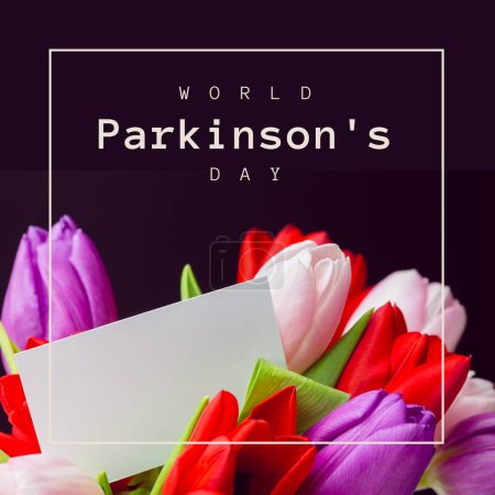 Photo for Composite of world parkinson's day text with blank note and colorful tulips on violet background. Copy space, awareness, nervous system, campaign, healthcare, support and prevention concept. - Royalty Free Image
