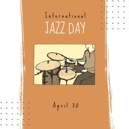 Photo for Composition of international jazz day text over drums and shapes on white background. International jazz day and music concept digitally generated image. - Royalty Free Image