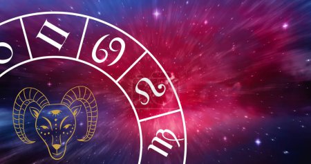 Photo for Composition of zodiac wheel with aries star sign over stars. Astrology, horoscope and zodiac signs concept digitally generated image. - Royalty Free Image