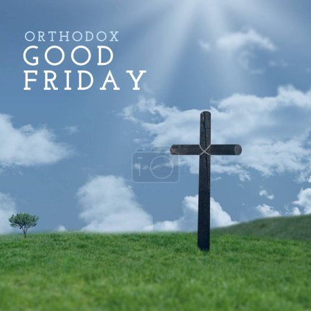 Photo for Composite of orthodox good friday text and cross on grassy land against cloudy sky, copy space. Fasting, christianity, nature, religion, tradition and celebration concept. - Royalty Free Image
