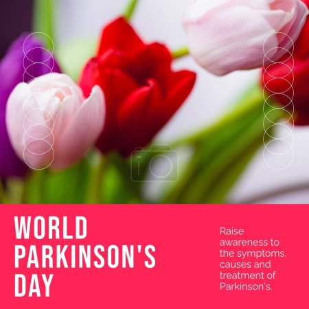 Photo for Image of world parkinson's day text over colourful tulips. World parkinson's day and celebration concept digitally generated image. - Royalty Free Image