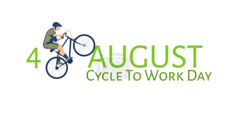 Téléchargez les photos : Illustration de l'homme à vélo et 4 août avec le cycle au travail texte de jour sur fond blanc. Copier l'espace, vecteur, navetteur, transport, sensibilisation, mode de vie durable, sain et actif. - en image libre de droit