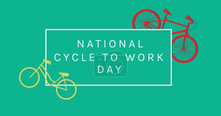 Photo for Illustration of red and yellow bicycles with national cycle to work day text against blue background. Copy space, vector, transportation, awareness, healthy and sustainable concept. - Royalty Free Image