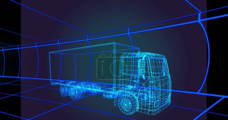 Composition du camion numérique sur des lignes sur fond bleu. Concept global de transport, d'informatique et d'interface numérique image générée numériquement.