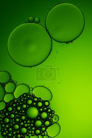 Photo for Macro close up of water bubbles with copy space on green background. Macro, colour, water, shape and pattern concept. - Royalty Free Image