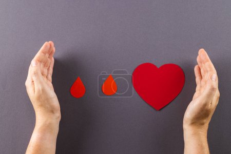 Téléchargez les photos : Mains de femme caucasienne protégeant les gouttes de sang et le cœur, sur fond gris. Don de sang, santé cardiaque, médecine et soins de santé. - en image libre de droit