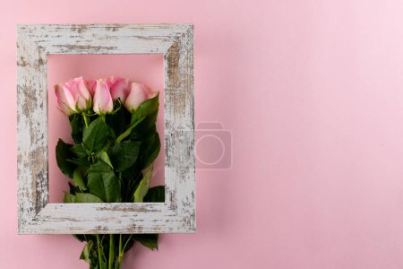 Foto de Imagen de tulipanes rosados en marco con espacio de copia sobre fondo rosa. Día de la madre, naturaleza y concepto de primavera. - Imagen libre de derechos