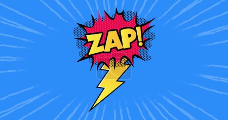 Image of comic zap text and white lines on blue background. Social media and pattern concept digitally generated image.