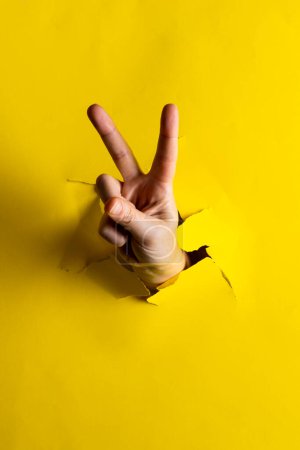 Téléchargez les photos : Gros plan de la main d'une femme caucasienne montrant un signe de paix avec un espace de copie sur fond jaune déchiré. Concept de mouvement pour la paix et contre la guerre. - en image libre de droit