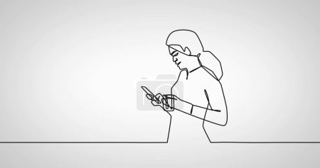 Téléchargez les photos : Image de dessin d'une femme d'affaires utilisant un smartphone sur fond blanc. Concept global d'entreprise et d'interface numérique image générée numériquement. - en image libre de droit