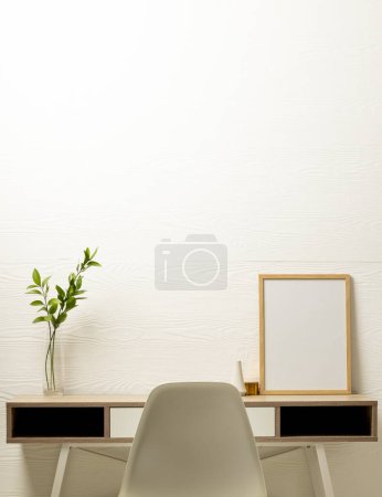 Téléchargez les photos : Vertical de cadre en bois vide avec espace de copie et plante en pot sur le bureau contre mur blanc. Modèle de cadre maquillé, design d'intérieur et décoration. - en image libre de droit