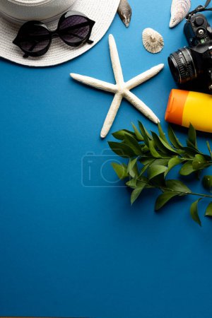 Photo for Straw hat, sunglasses, camera, sunscreen, plant and seashells on blue background with copy space. Travel and vacation. - Royalty Free Image